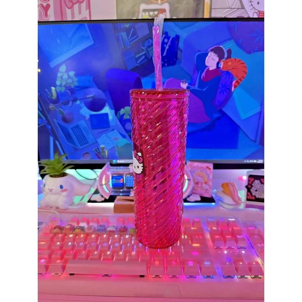 Hello Kitty Swirl Tumbler Lid Straw Shiny Metallic Spiral Plastic Pink Sanrio